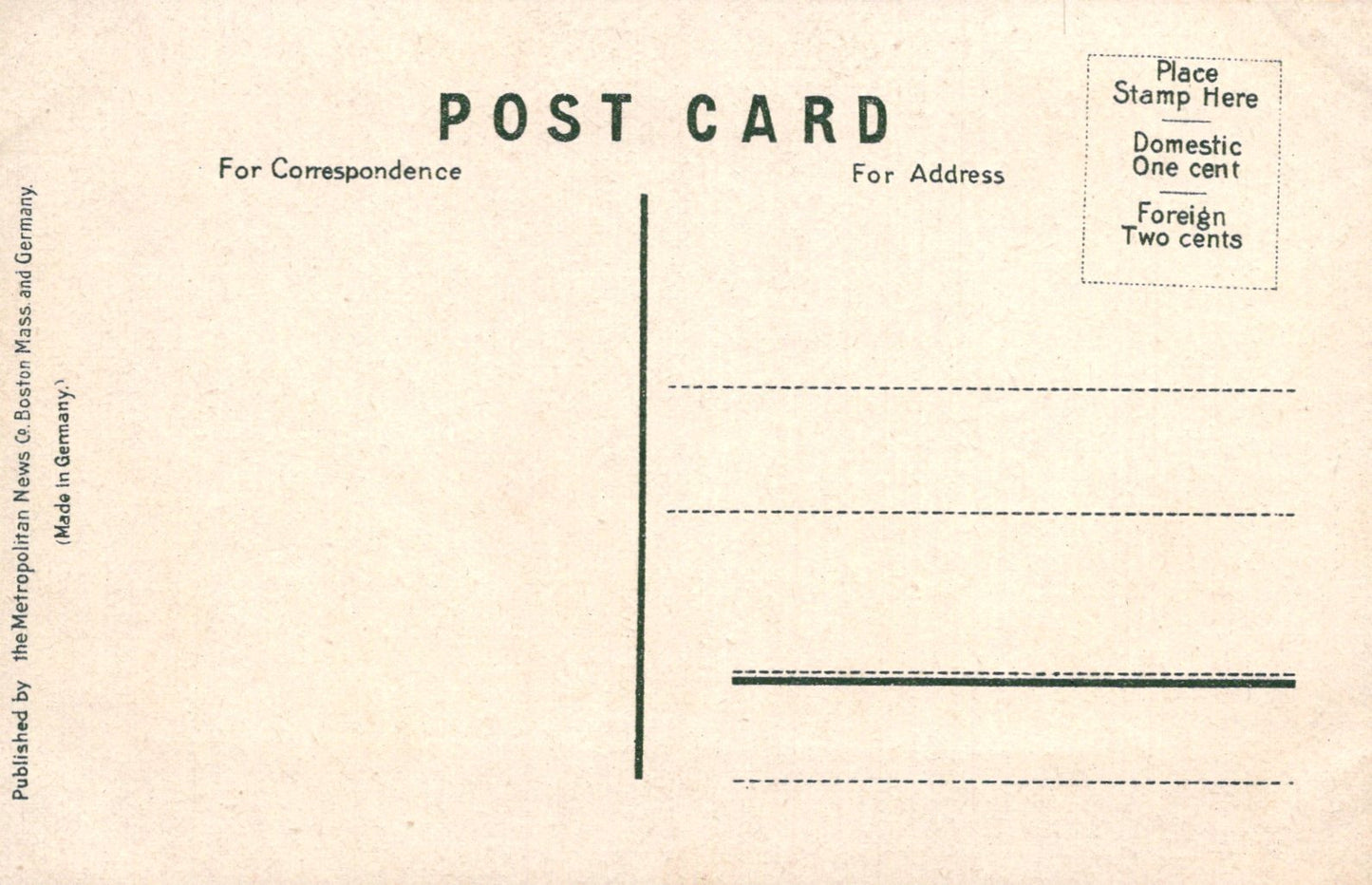 Vintage postcard back with typewritten text and lines for correspondence and address.