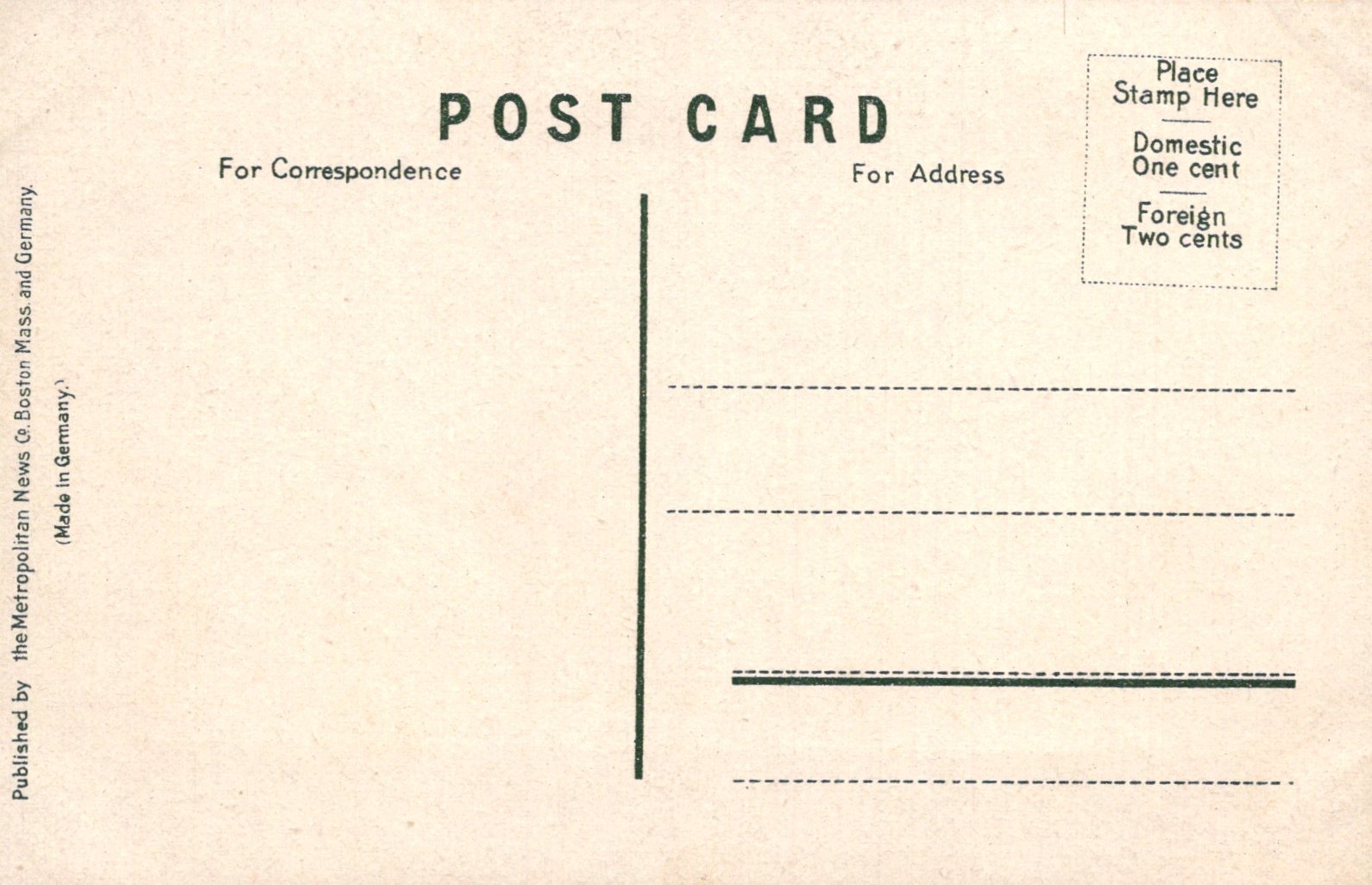 Vintage postcard back with typewritten text and lines for correspondence and address.