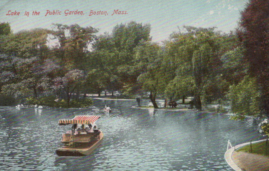 Lake in the Public Garden, Boston, Mass., with a paddle boat and trees in the background.