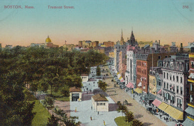 Vintage postcard of Boston, Mass., showing Tremont Street with buildings and trees.