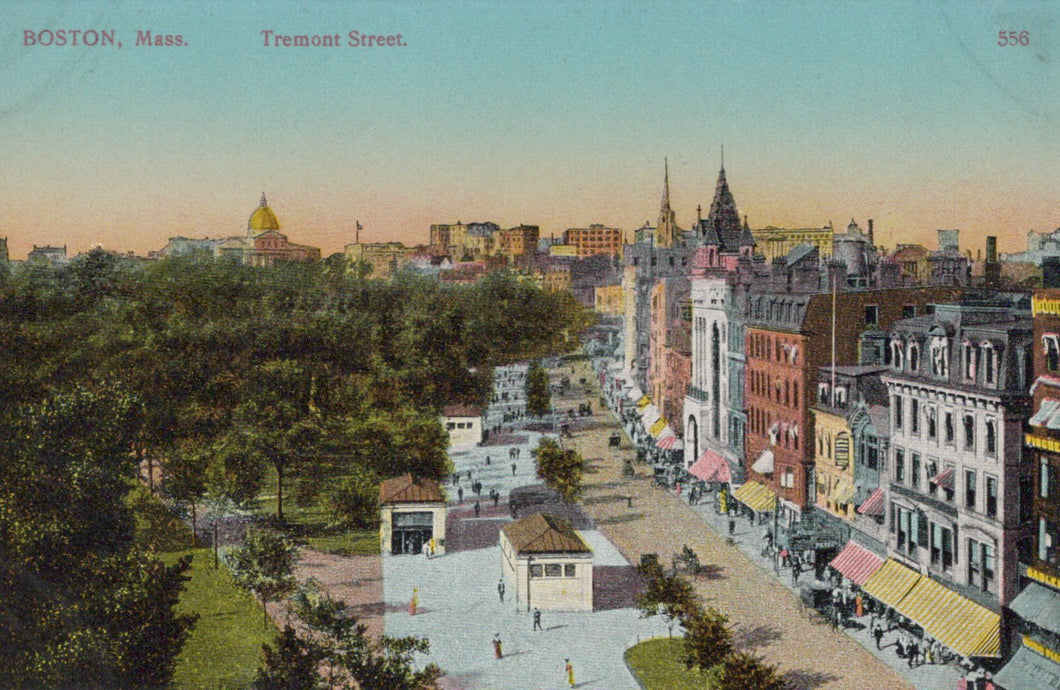Vintage postcard of Boston, Mass., showing Tremont Street with buildings and trees.