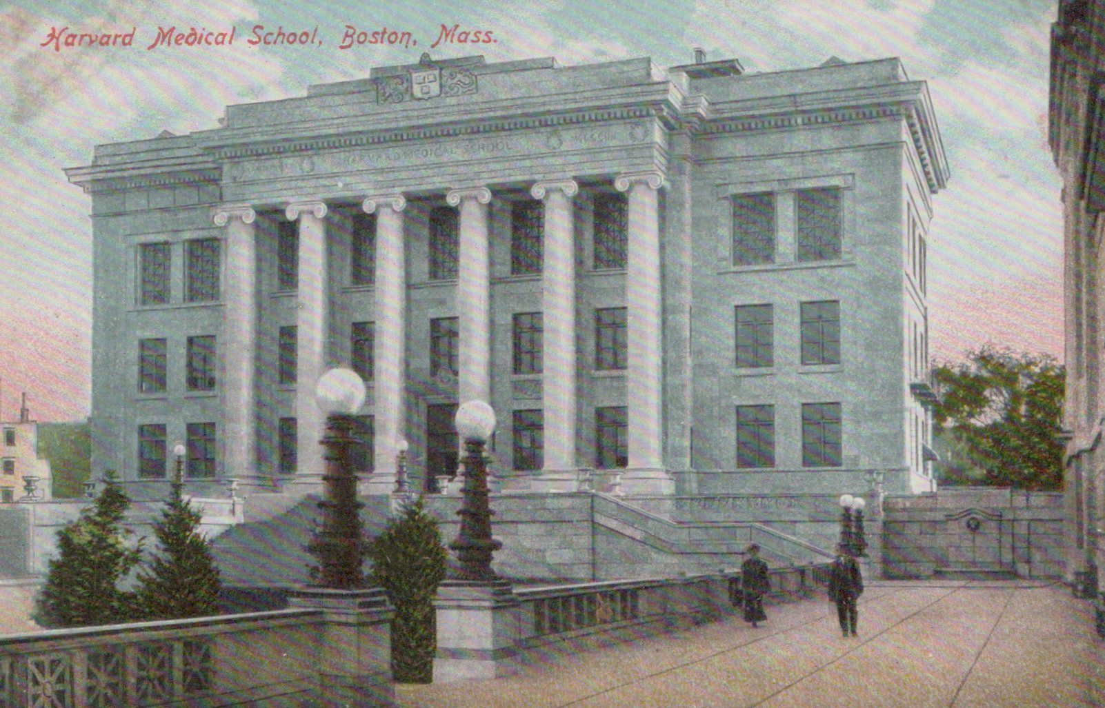 Harvard Medical School building in Boston, Massachusetts on a vintage postcard.