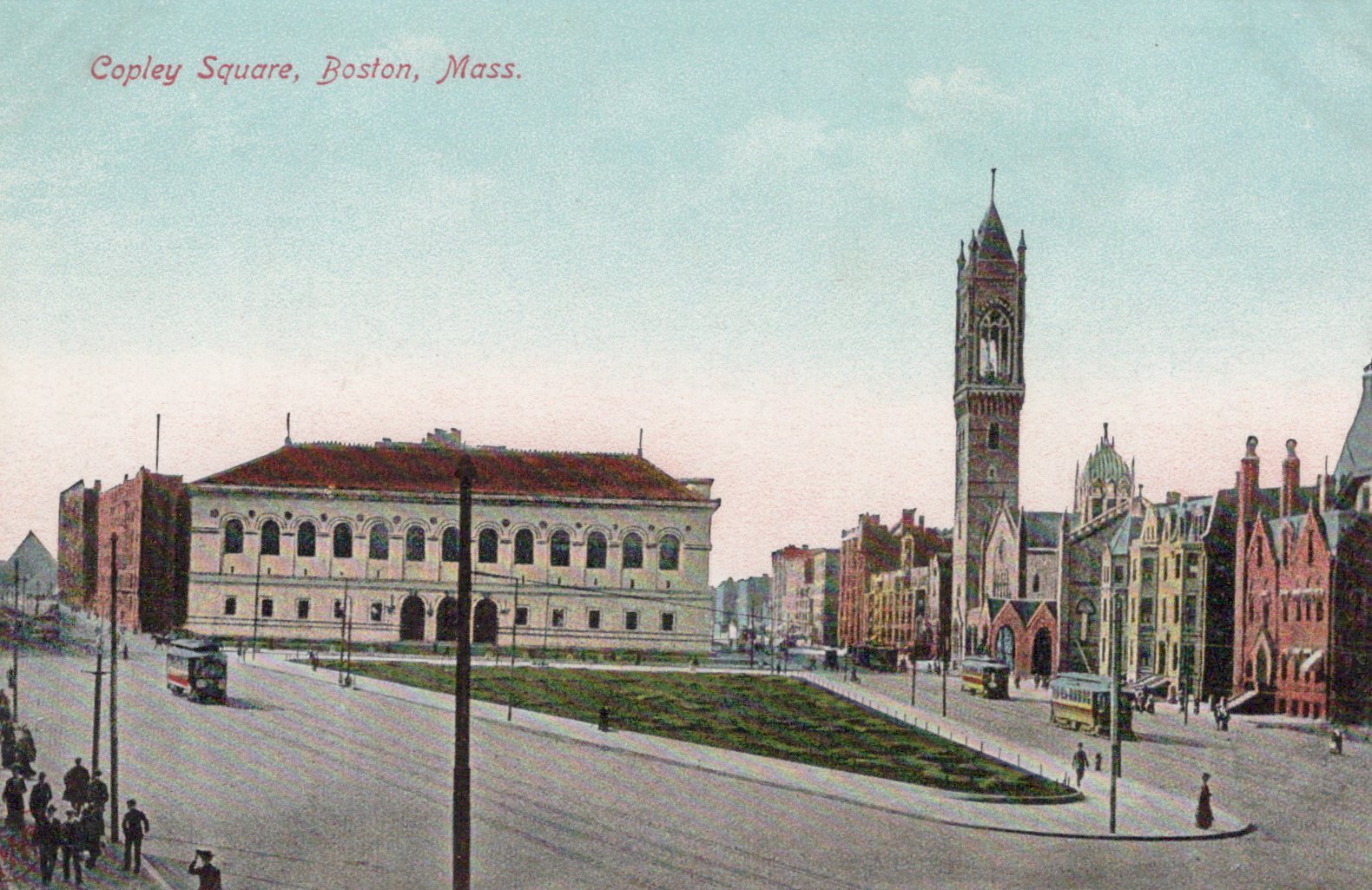 Vintage postcard of Copley Square in Boston, Massachusetts with a clock tower and buildings.