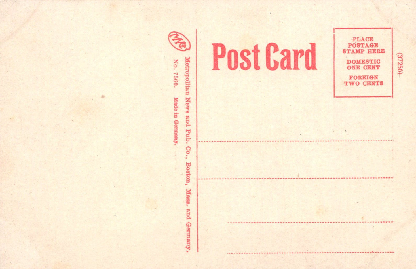 Back of a vintage postcard with red text and stamp area.
