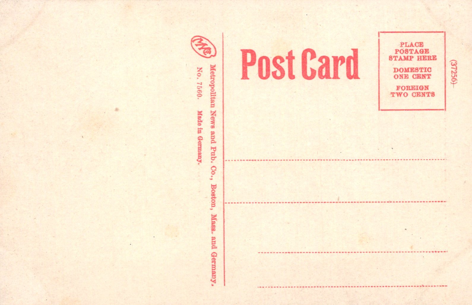 Back of a vintage postcard with red text and stamp area.