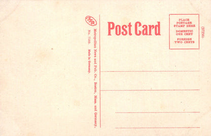 Back of a vintage postcard with red text and stamp area.