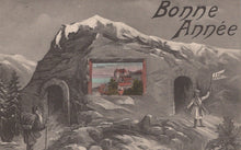 Load image into Gallery viewer, Vintage New Year&#39;s card with a mountain scene and text &#39;Bonne Année&#39;.
