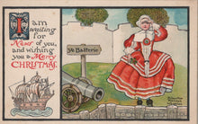 Load image into Gallery viewer, Vintage Christmas card with a woman in a red dress, cannon, and ship illustration.
