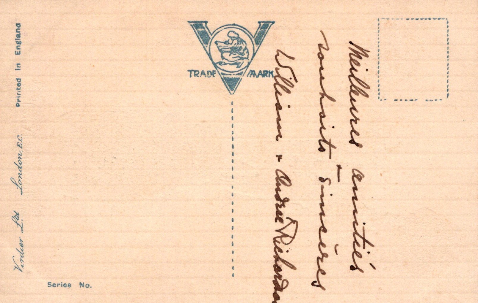 Vintage postcard with a logo and text on a beige background