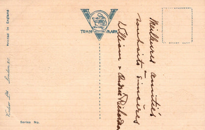 Vintage postcard with a logo and text on a beige background