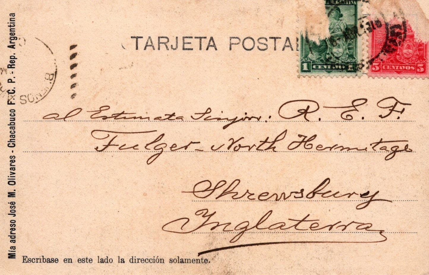 Vintage postcard with stamps and cursive writing, addressed to a recipient in England.