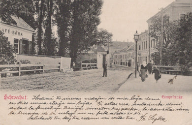 Vintage street scene with pedestrians and a building labeled 'Café Böhm' on a postcard.