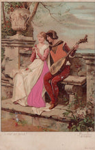 Load image into Gallery viewer, Vintage illustration of a couple sitting together with a lute, surrounded by flowers and classical architecture.
