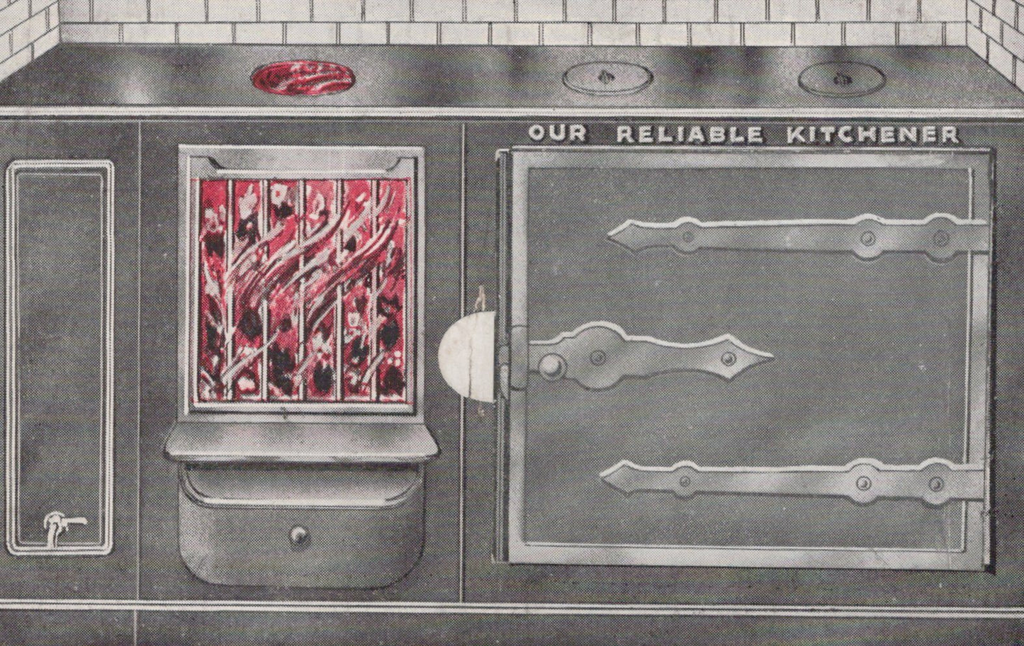 Vintage illustration of a kitchen stove with a red glass door