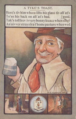 Vintage-style illustration of a man with a mug, text, and small inset images on a beige background.