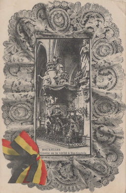 Decorative card with intricate lace border and central image of a building, featuring a Belgian flag.