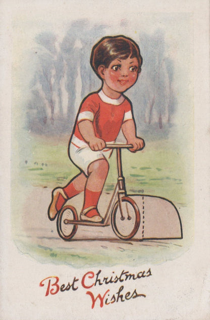 Vintage-style illustration of a child on a bicycle with 'Best Christmas Wishes' text.