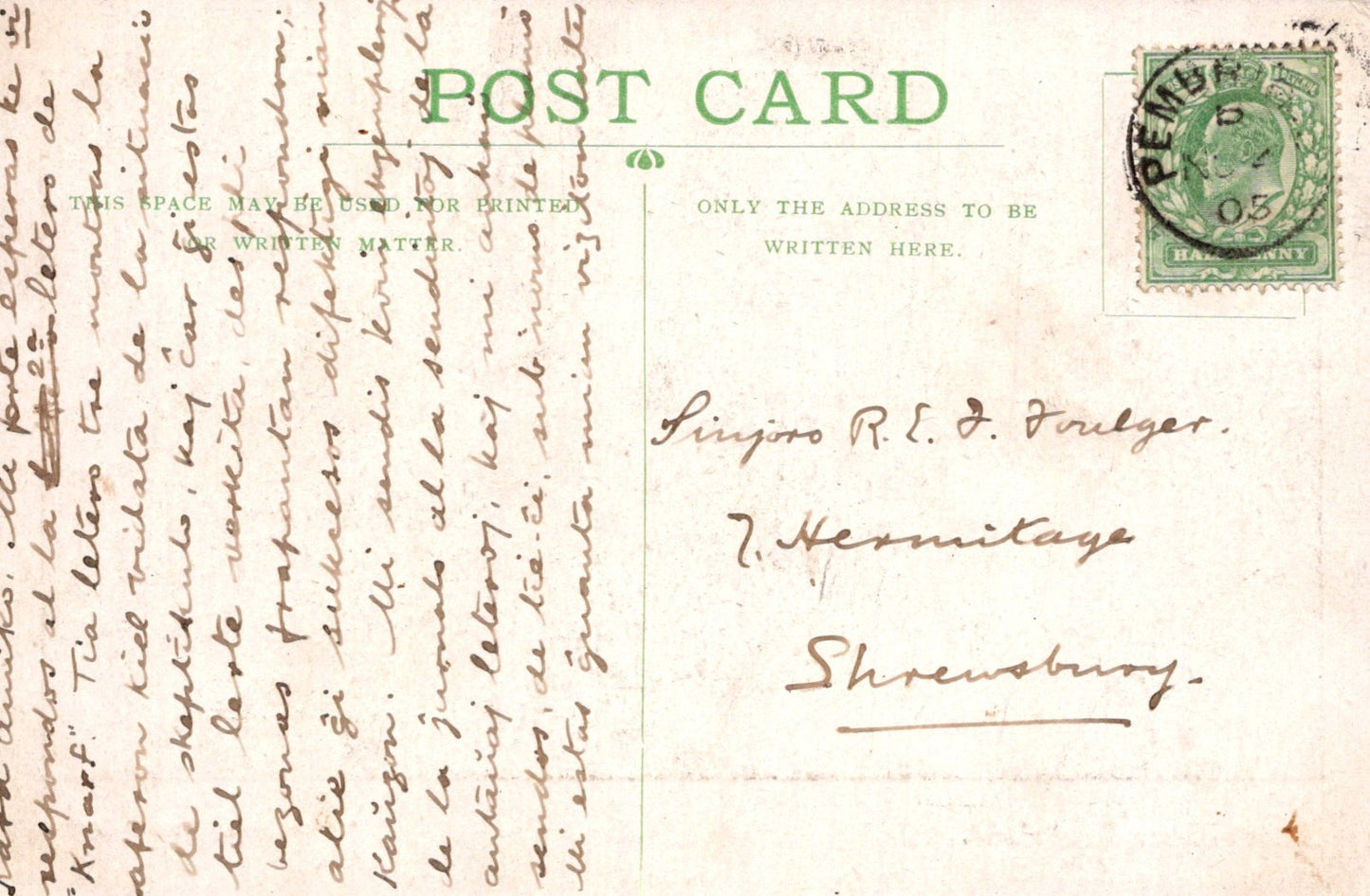 Vintage postcard with handwritten text and a stamp, featuring the word 'PENNY'.