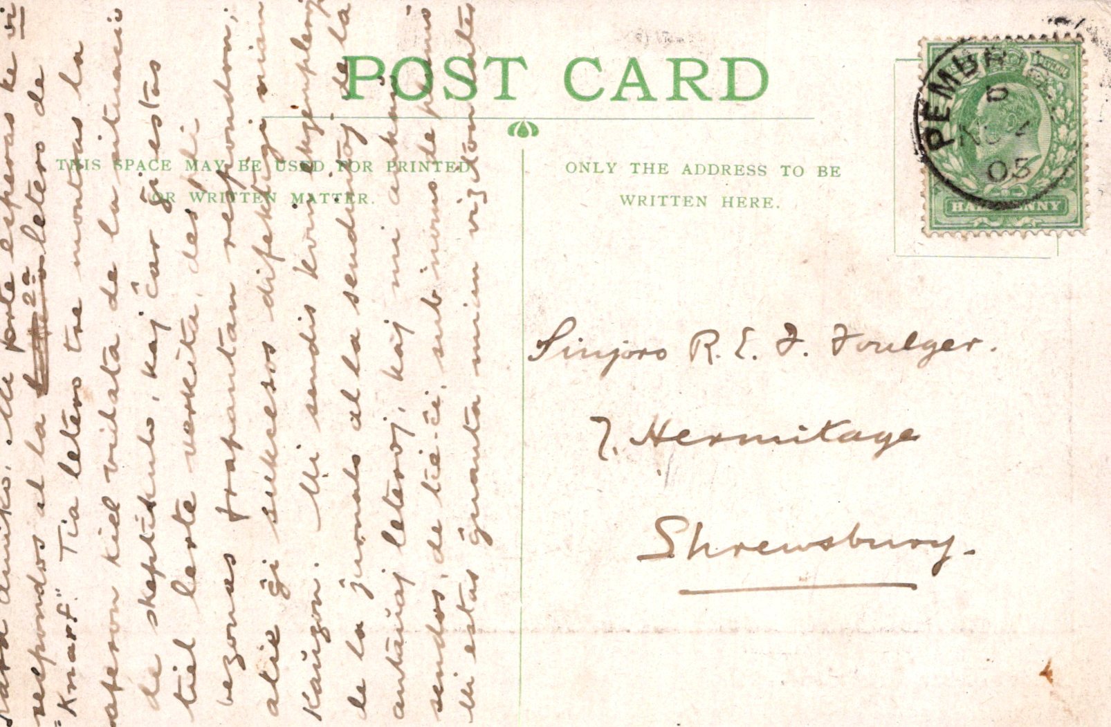 Vintage postcard with handwritten text and a stamp, featuring the word 'PENNY'.