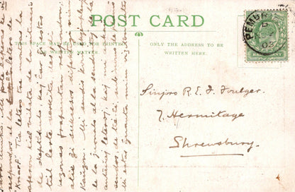 Vintage postcard with handwritten text and a stamp, featuring the word 'PENNY'.