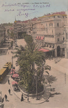Load image into Gallery viewer, Vintage postcard of a city street with palm trees and buildings in Algeria
