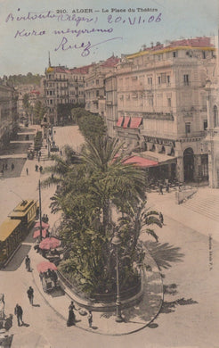 Vintage postcard of a city street with palm trees and buildings in Algeria