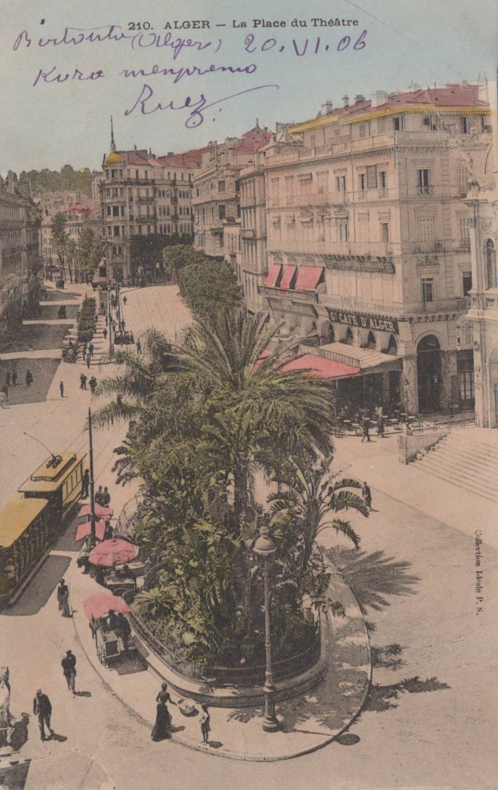 Vintage postcard of a city street with palm trees and buildings in Algeria