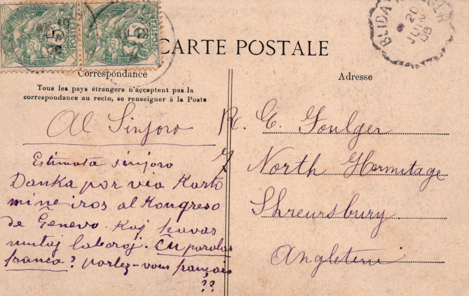 Vintage postcard with text and stamps, addressed to a recipient in Shrewsbury, England.