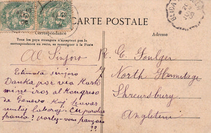 Vintage postcard with text and stamps, addressed to a recipient in Shrewsbury, England.