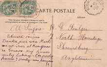 Load image into Gallery viewer, Vintage postcard with text and stamps, addressed to a recipient in Shrewsbury, England.
