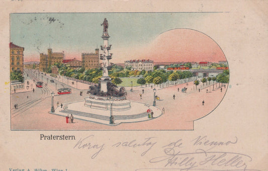 Vintage illustration of a city square with a statue and buildings in the background