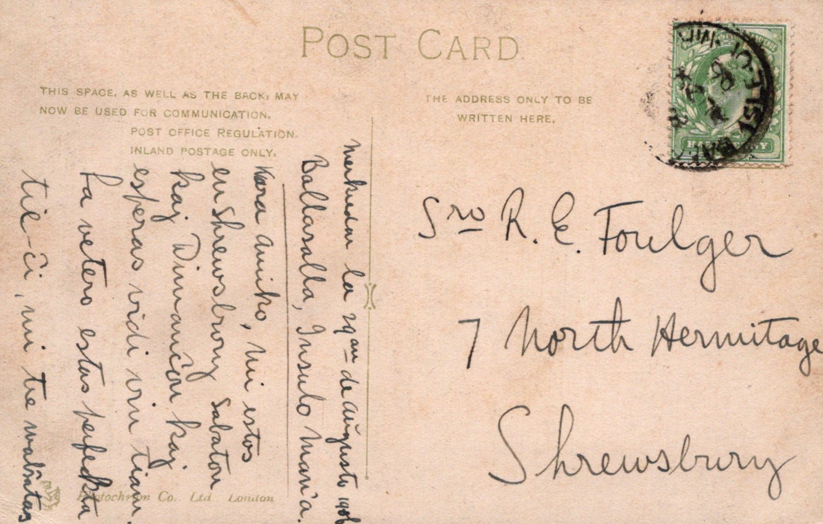 Vintage postcard with text and a stamp on the back