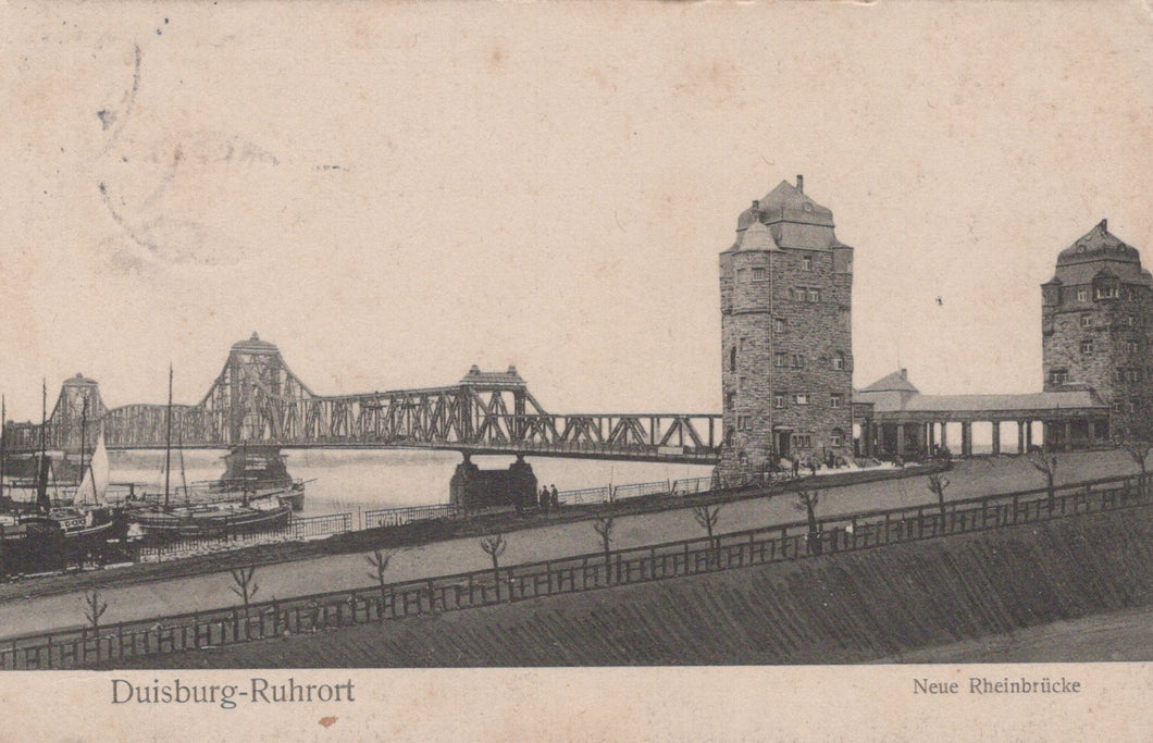Vintage illustration of a bridge over a river with architectural elements, likely from Duisburg-Ruhrort.