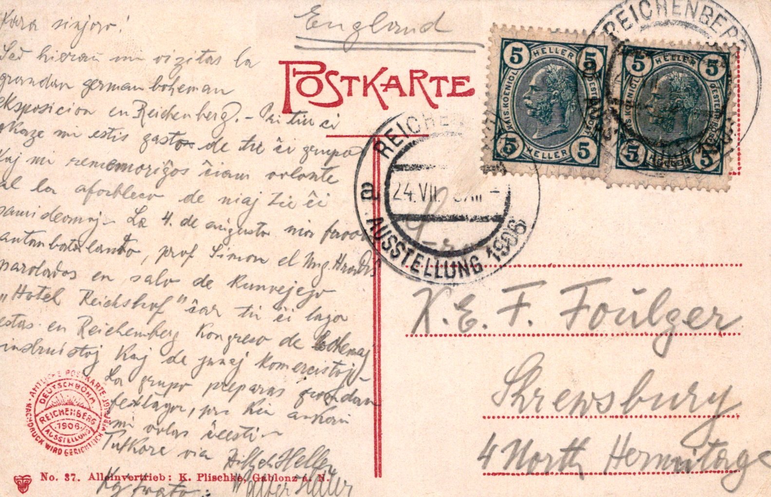 Vintage postcard with stamps and text, featuring a red 'POSTKARTE' stamp.