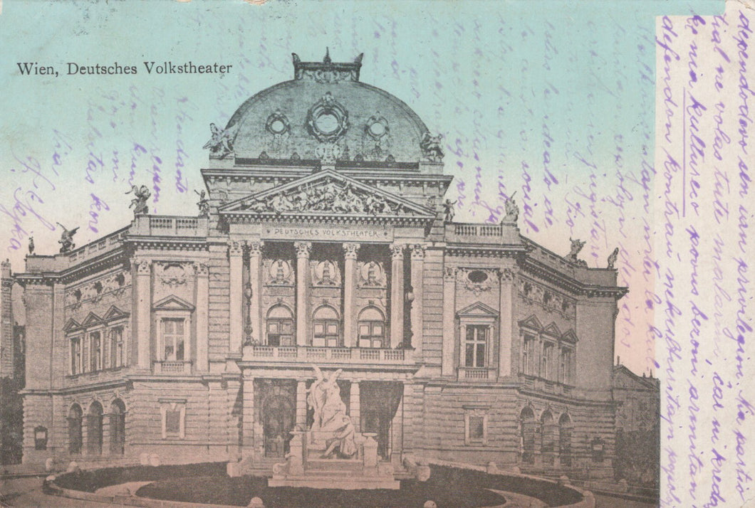 Vintage postcard of the Deutsches Volkstheater in Vienna with decorative elements.
