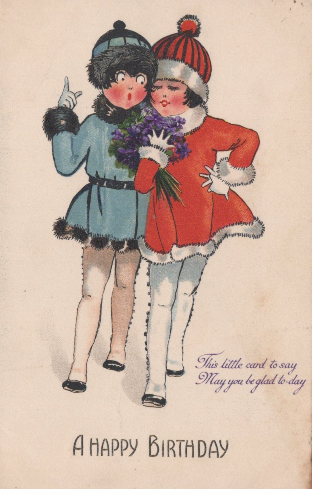 Vintage-style birthday card with two children in winter clothing and a bouquet of flowers.