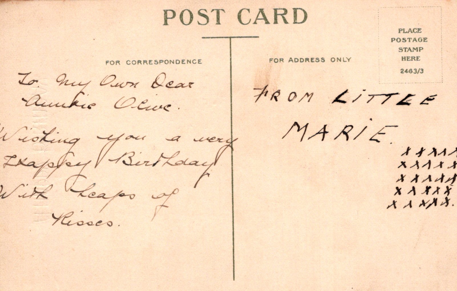 Vintage postcard with handwritten text and a vertical line.