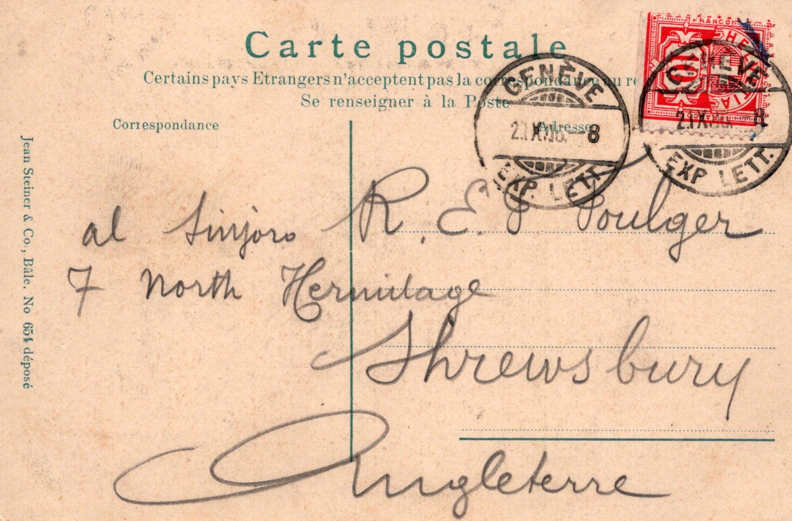 Vintage postcard with stamps and cursive writing, featuring airmail label.