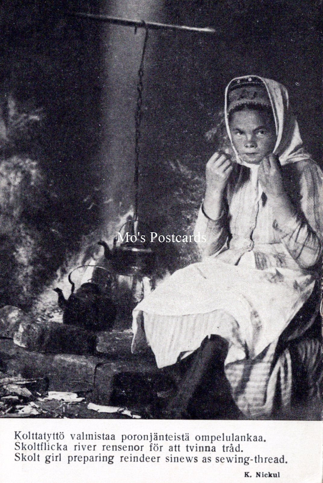 Children Postcard - Skolt Girl Preparing Reindeer Sinews SW18222