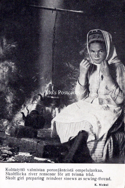 Children Postcard - Skolt Girl Preparing Reindeer Sinews SW18222