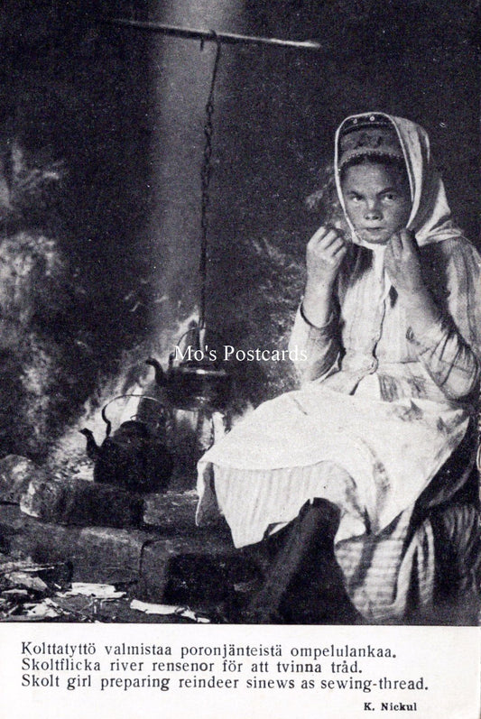 Children Postcard - Skolt Girl Preparing Reindeer Sinews SW18222