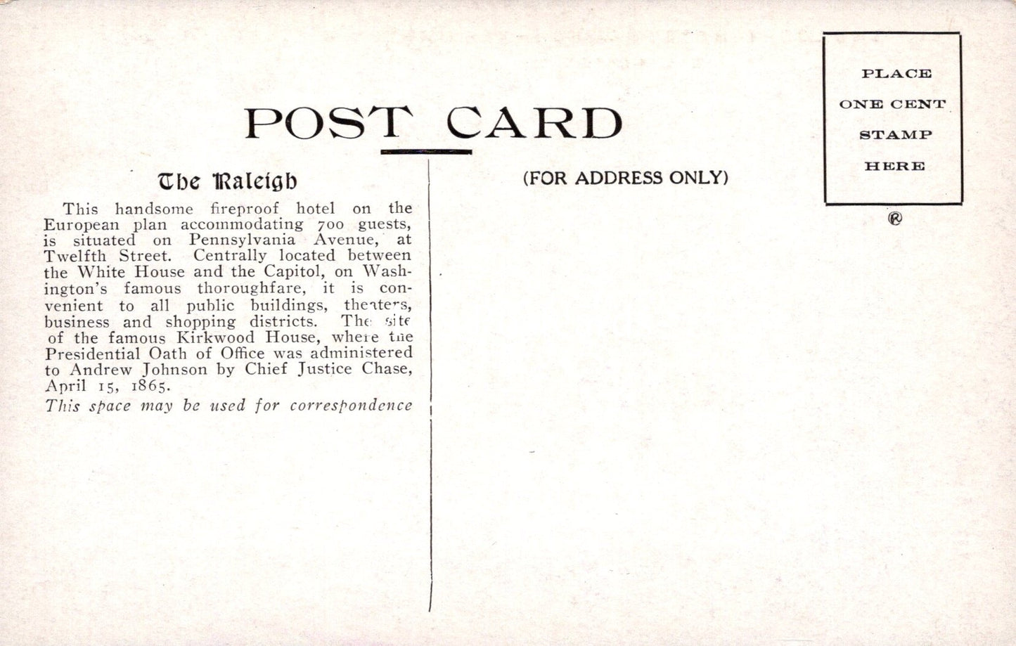 America Postcard - The Lobby, Hotel Raleigh, Washington D.C - SW18513