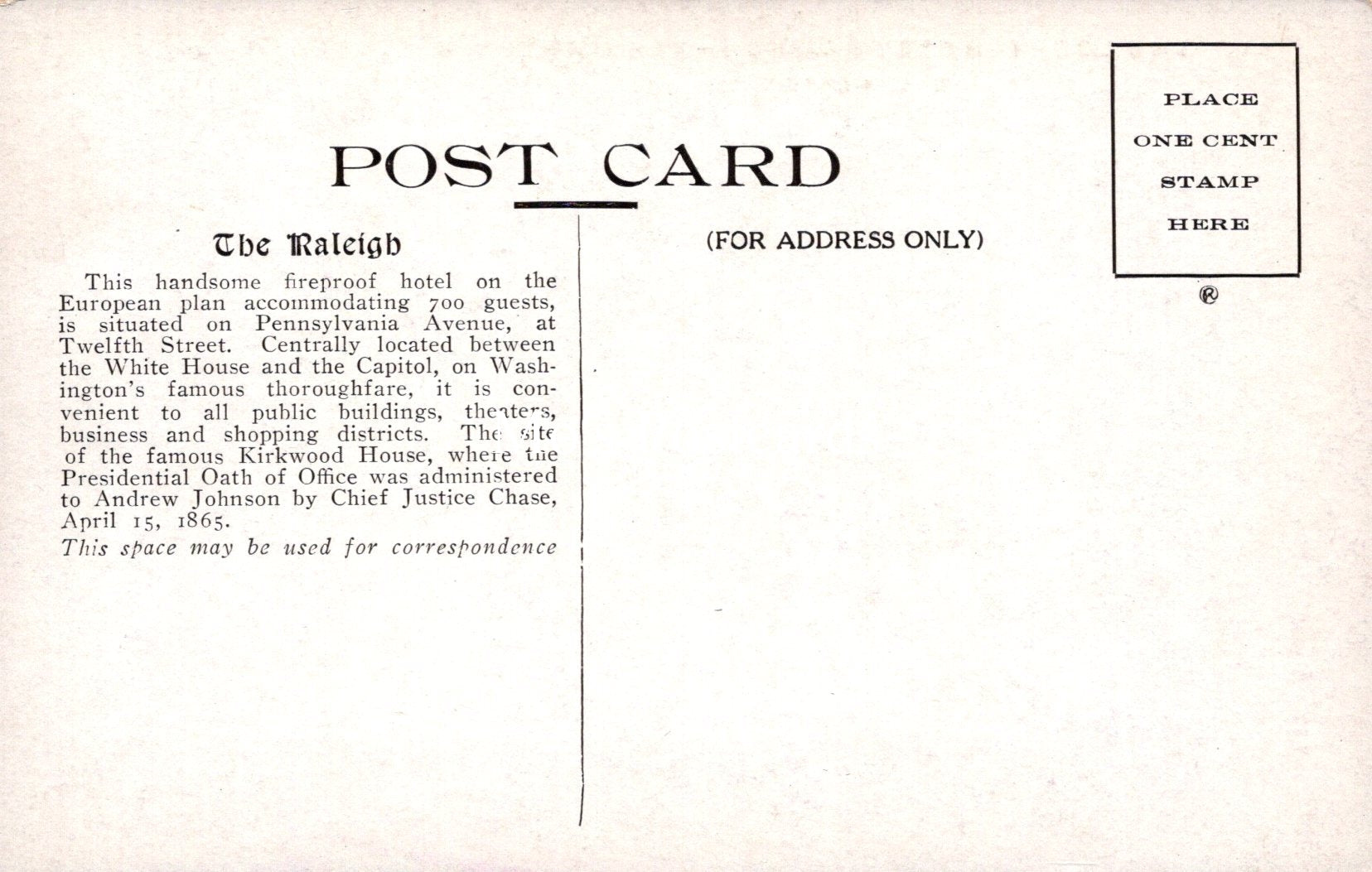 America Postcard - The Lobby, Hotel Raleigh, Washington D.C - SW18513