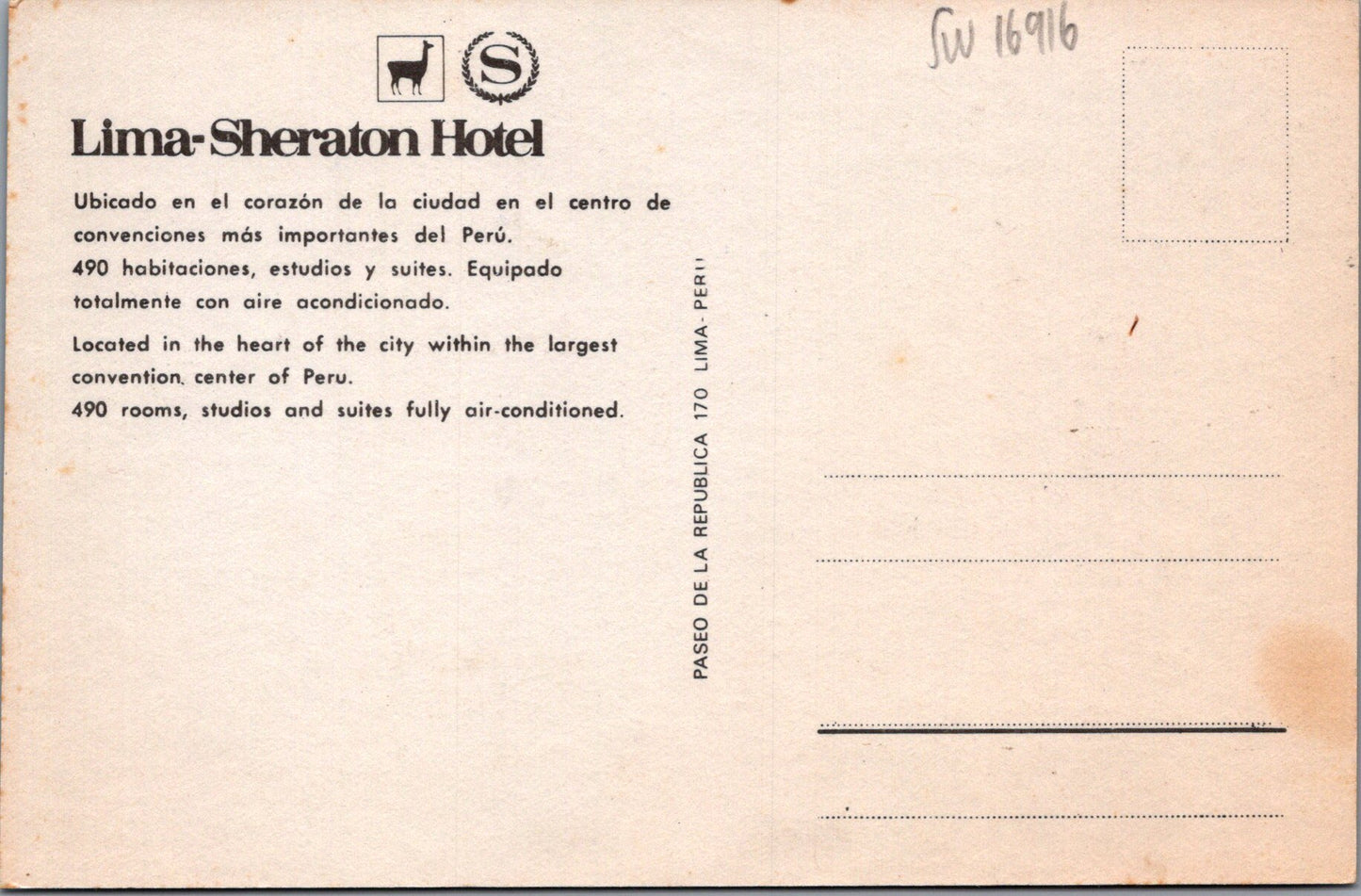 Peru Postcard - Lima-Sheraton Hotel SW16916