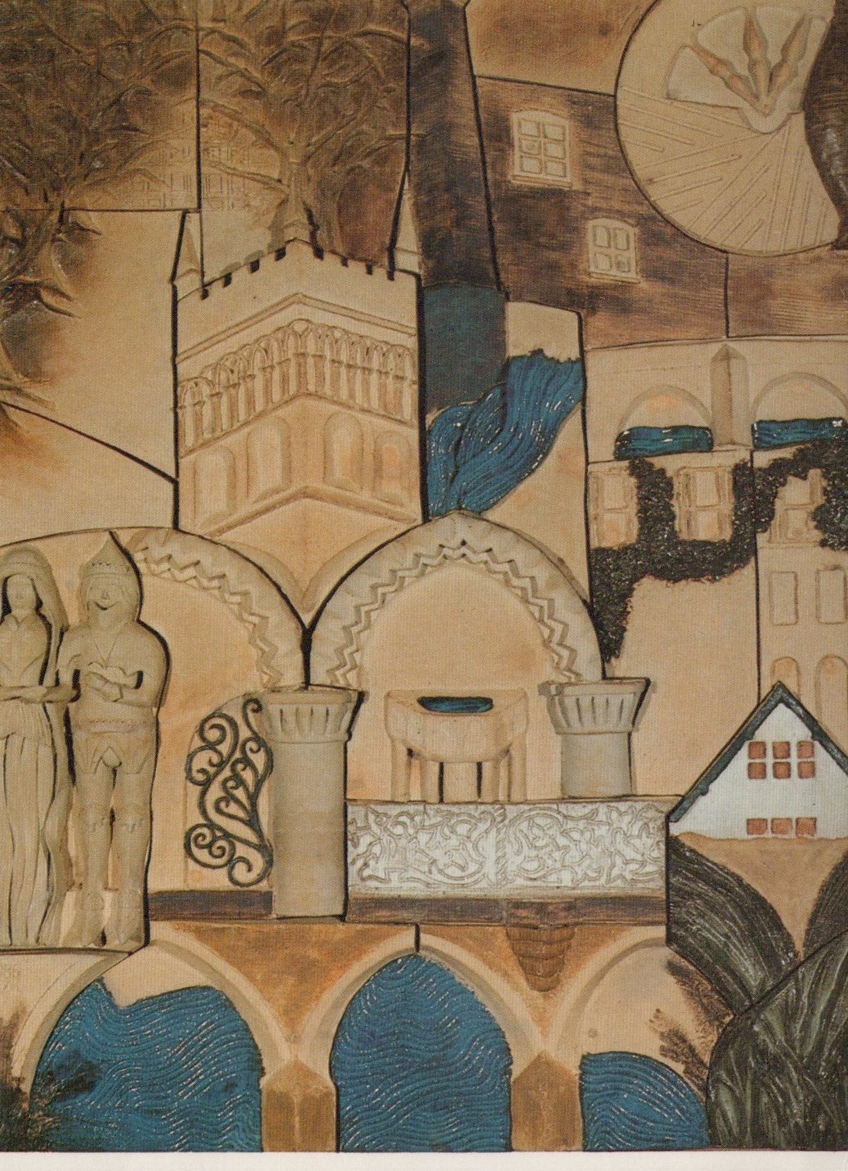 Artistic depiction of a architectural scene with figures and structures.