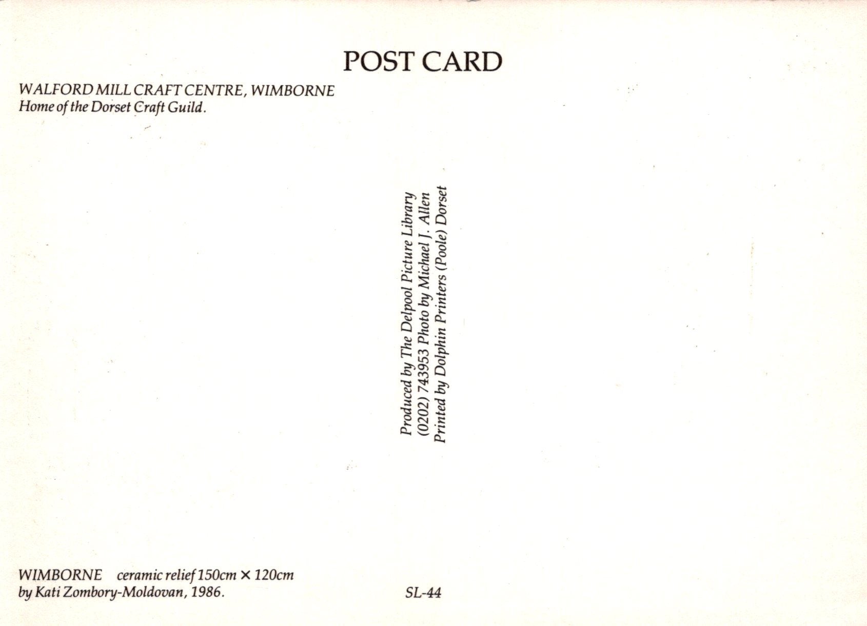Back of a postcard from Walford Mill Craft Centre, Wimborne with text and a light gradient.