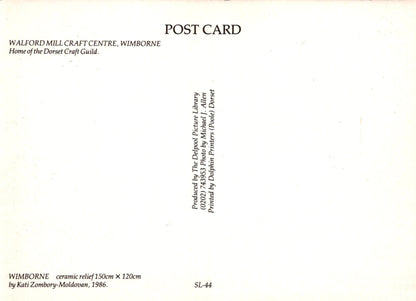 Back of a postcard from Walford Mill Craft Centre, Wimborne with text and a light gradient.