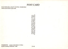 Load image into Gallery viewer, Back of a postcard from Walford Mill Craft Centre, Wimborne with text and a light gradient.
