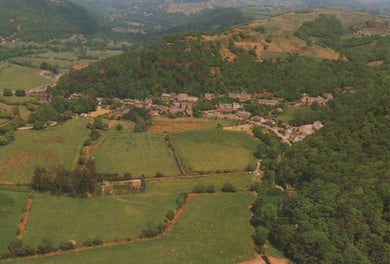 Aerial view of a rural landscape with fields, trees, and buildings.