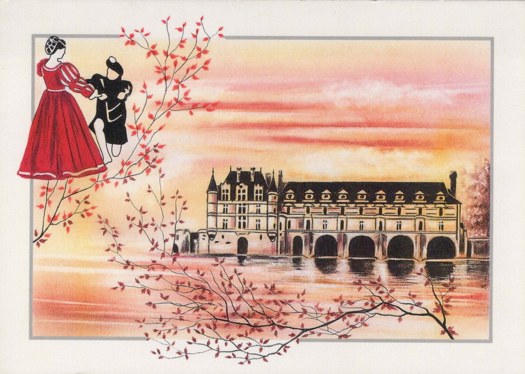 Illustration of a couple by a castle with a pink and orange sky.